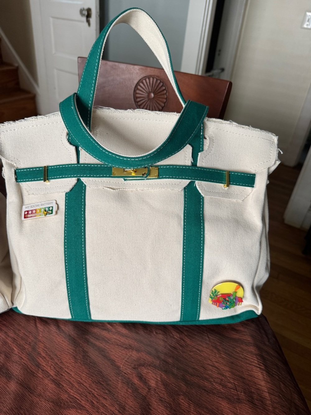 Cream Canvas Tote with Green Trim - Everyday Carry Tote